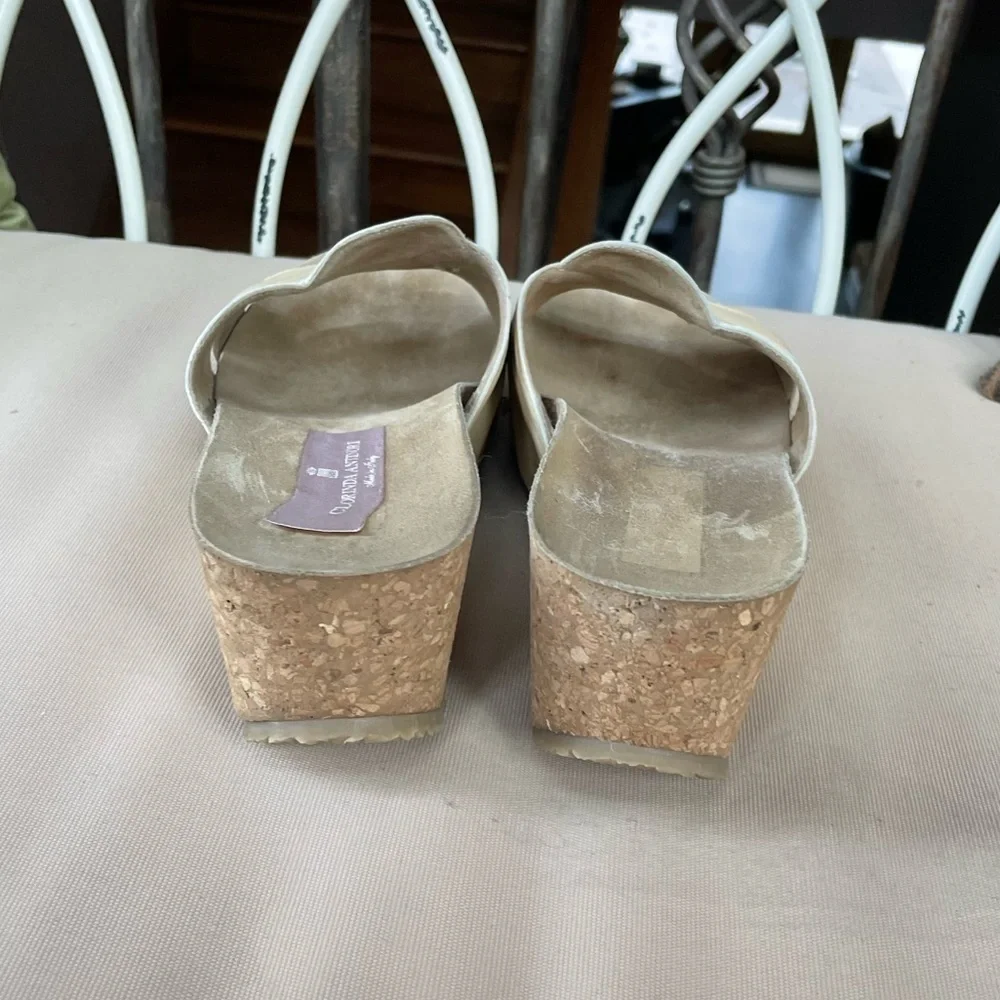 Clorinda‎ Antinori Leather Cork Wedge Platform Slide in Cream Size 8